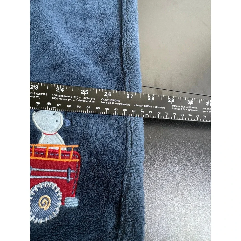 Carters Baby Blanket Navy Sherpa Fleece Fire Truck Puppy Dog Embroidered Rare